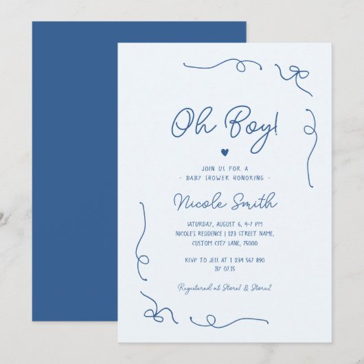 Oh Boy Blue Hand Drawn French Boy Baby shower Kaart (Voorkant / Achterkant)