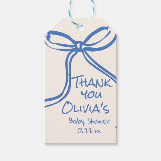 Oh Boy Blue Hand Geschreven Drawn Bow Baby shower Cadeaulabel (Voorkant)
