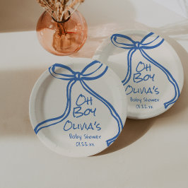 Oh Boy Blue Hand Geschreven Drawn Bow Baby shower Papieren Bordje