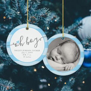 OH BOY Blue Heart Stripes Baby's eerste Kerstmis Keramisch Ornament