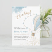 Oh Boy Blue Heet Luchtballon Baby Shower Uitnodigi Kaart (Staand voorkant)