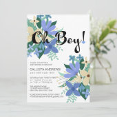 Oh Boy Blue Ivory Floral Bouquet Baby shower Kaart (Staand voorkant)