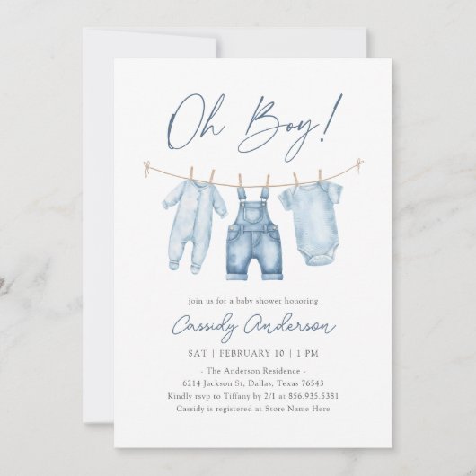Oh Boy Blue Jean Denim Baby shower Kaart (Voorkant)