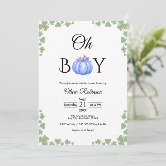 Oh Boy Blue Pumpkin Herfst Baby shower Kaart (Staand voorkant)