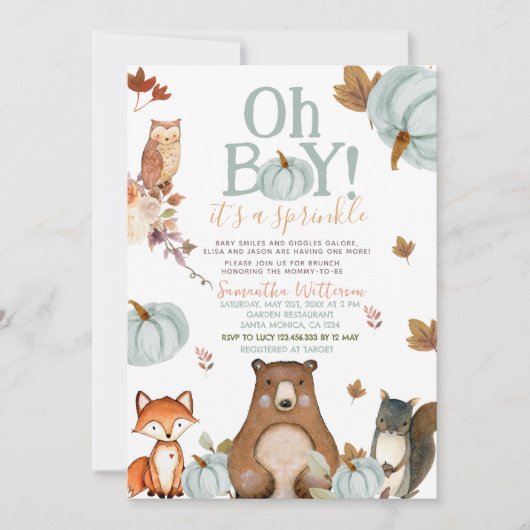 Oh Boy Blue Pumpkin Woodland Animals Baby shower Kaart (Voorkant)