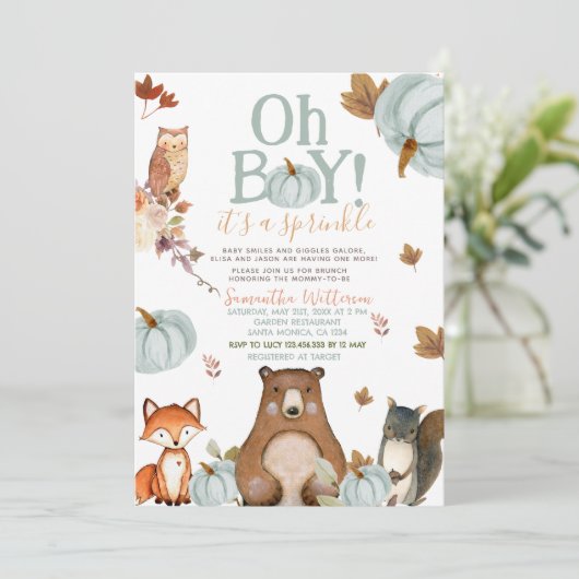 Oh Boy Blue Pumpkin Woodland Animals Baby shower Kaart (Staand voorkant)