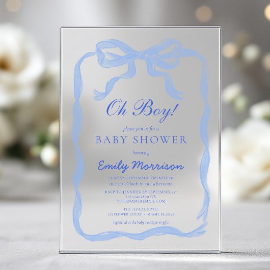 Oh Boy Blue Ribbon Bow Baby shower Acryl Uitnodigingen