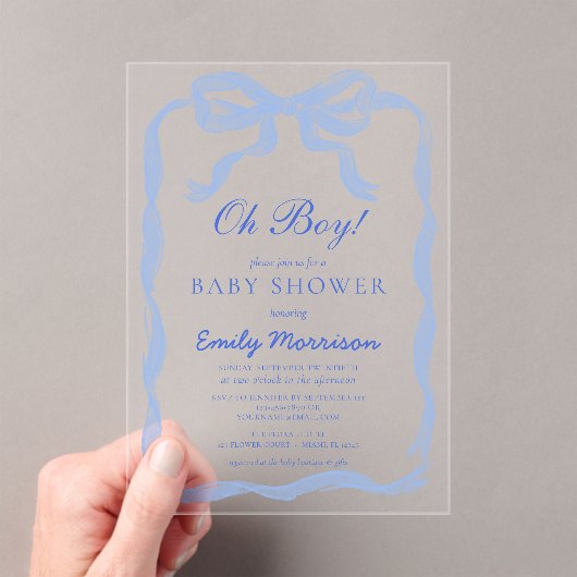Oh Boy Blue Ribbon Bow Baby shower Acryl Uitnodigingen (Insitu (Draagbaar))
