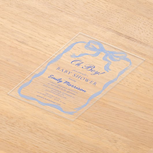 Oh Boy Blue Ribbon Bow Baby shower Acryl Uitnodigingen (Laagn)