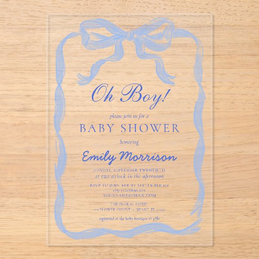 Oh Boy Blue Ribbon Bow Baby shower Acryl Uitnodigingen (Voorkant)