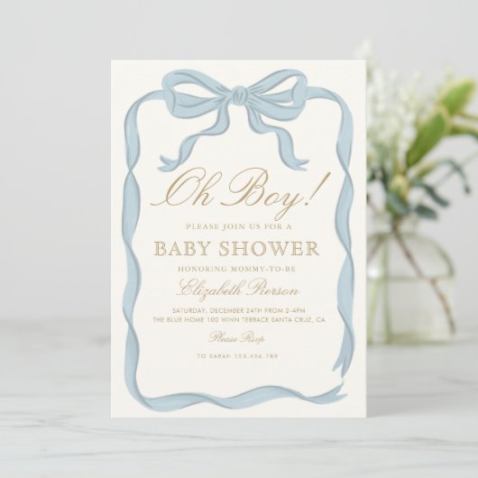 Oh boy Blue Ribbon Schattige Elegant Baby shower Kaart (Staand voorkant)