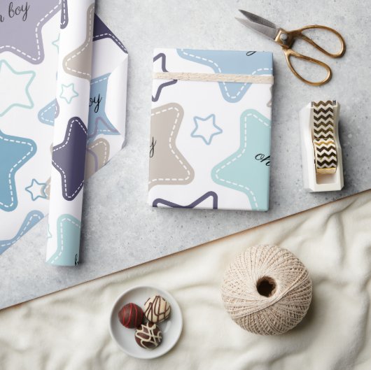Oh Boy Blue Stars Baby shower Baby Gift Cadeaupapier (Crafts)