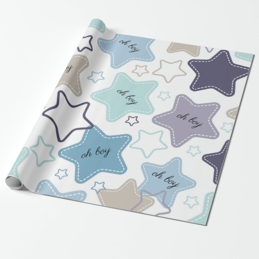 Oh Boy Blue Stars Baby shower Baby Gift Cadeaupapier (Uitgerold)