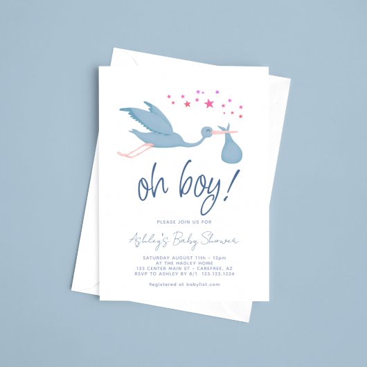 Oh Boy Blue Stork Baby shower Kaart