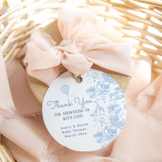 Oh Boy Blue Toile Safari Animal Baby shower Bedankjes Labels