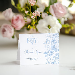 Oh Boy Blue Toile Safari Animal Baby shower Bedankkaart