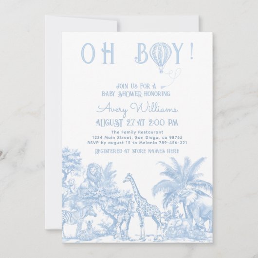 Oh Boy Blue Toile Safari Animal Baby shower Kaart (Voorkant)