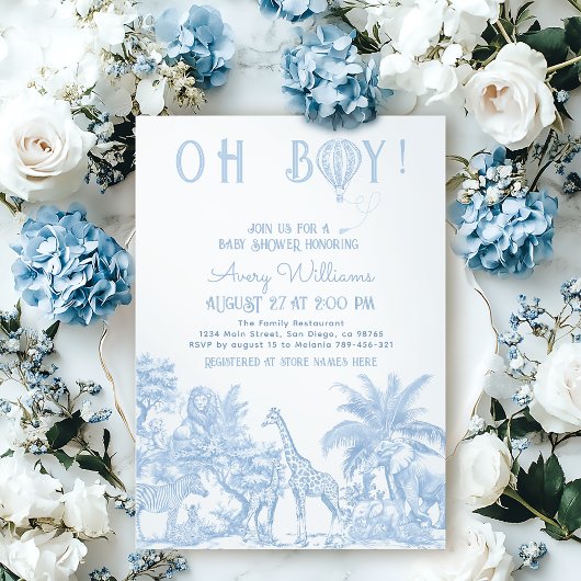 Oh Boy Blue Toile Safari Animal Baby shower Kaart