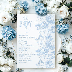 Oh Boy Blue Toile Safari Animal Baby shower Kaart