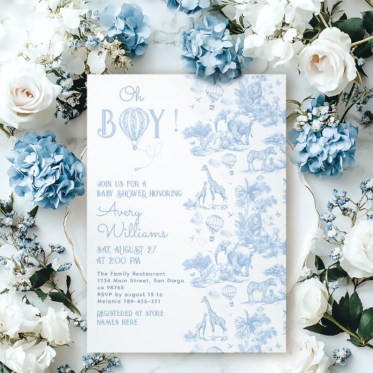 Oh Boy Blue Toile Safari Animal Baby shower Kaart