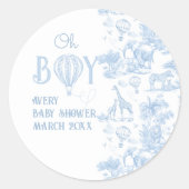 Oh Boy Blue Toile Safari Animal Baby shower Ronde Sticker (Voorkant)