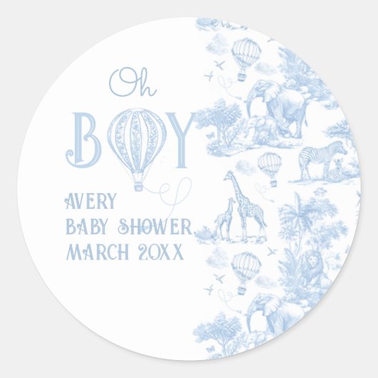 Oh Boy Blue Toile Safari Animal Baby shower Ronde Sticker (Voorkant)