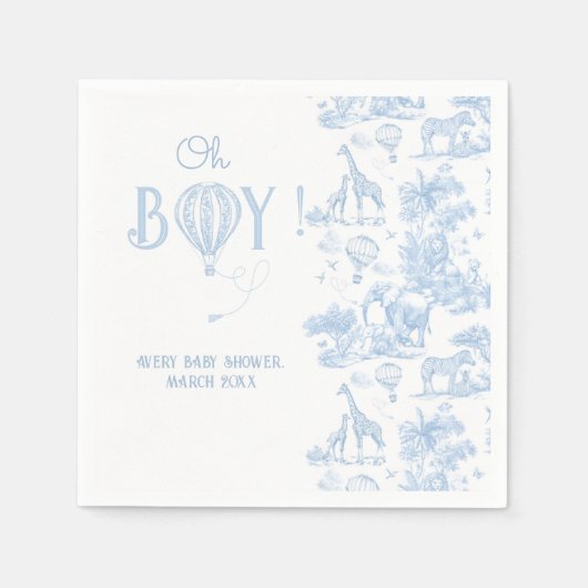 Oh Boy Blue Toile Safari Animal Baby shower Servet (Voorkant)