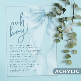 Oh Boy Blue Watercolor Bow Baby Shower Acryl Uitnodigingen
