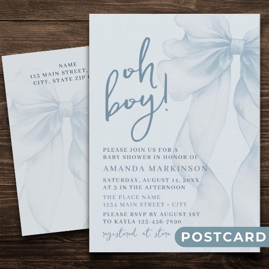 Oh Boy Blue Watercolor Bow Baby Shower Invitation Briefkaart