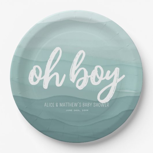 Oh Boy Blue Waterverf Baby shower Papieren Bordje (Voorkant)