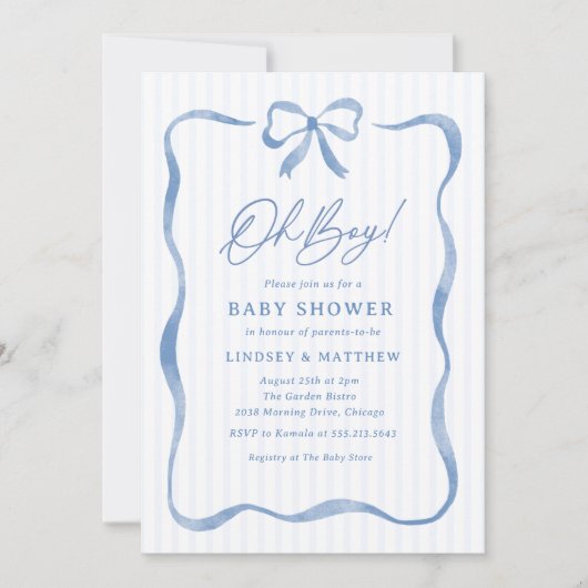 Oh Boy Blue Wavy Ribbon Bow Baby shower Kaart (Voorkant)
