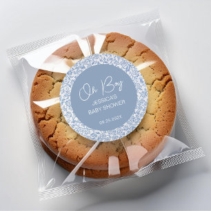 Oh Boy Blue White Toile Bloemenpatroon Baby shower Ronde Sticker