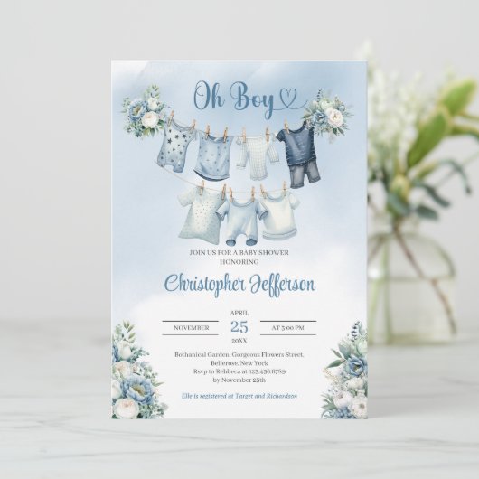 Oh Boy Boho Baby Kleding Clothesline Baby shower Kaart (Staand voorkant)