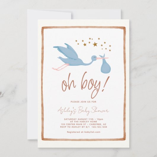 Oh Boy Boho Stork Baby shower Kaart (Voorkant)