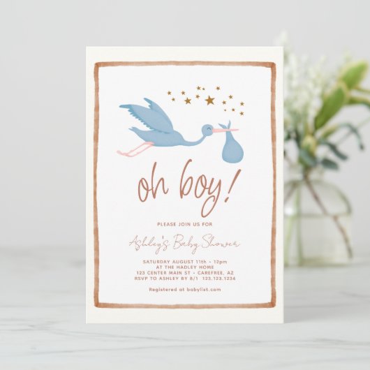 Oh Boy Boho Stork Baby shower Kaart (Staand voorkant)