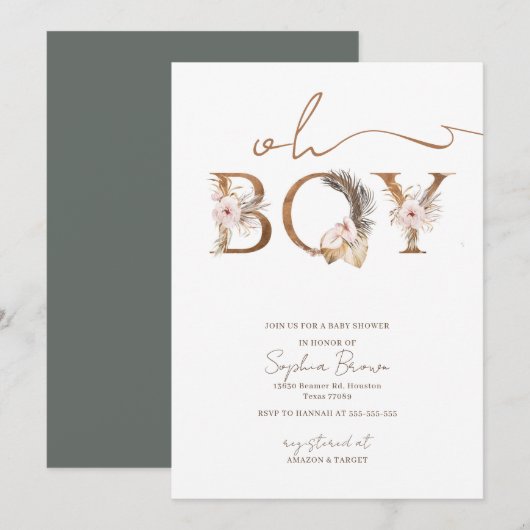 Oh Boy Boho Tropical Flowers Boy Baby shower Kaart (Voorkant / Achterkant)