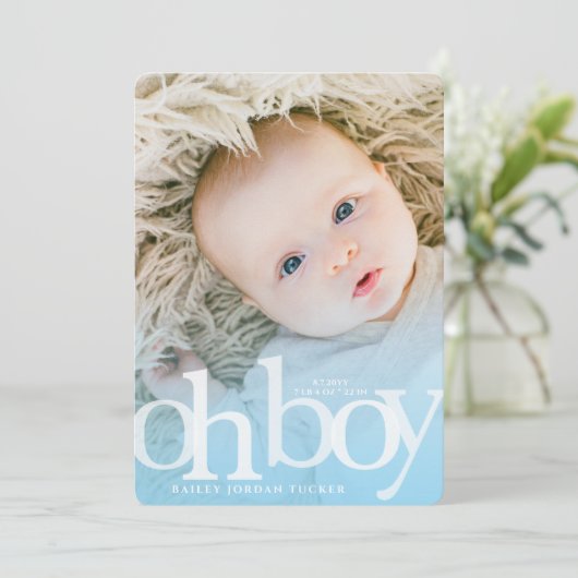 OH BOY Bold Overlay Blue Photo Birth Notice Aankondiging (Staand voorkant)