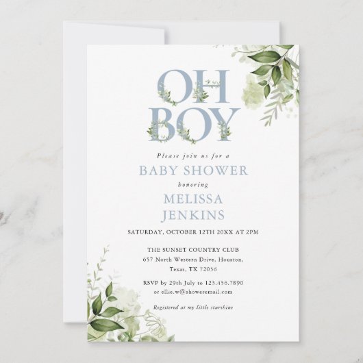 Oh Boy Botanical Greenery Dusty Blue Baby shower Kaart (Voorkant)