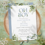 Oh Boy Botanical Greenery Dusty Blue Baby shower Kaart<br><div class="desc">Oh,  jongen baby shower uitnodiging met elegante,  stoffige blauwe typografie en  botanische groenbladerij. Ontworpen door: Thisnotme©</div>