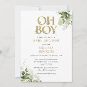 Oh Boy Botanical Greenery Gold Baby shower Kaart (Voorkant)