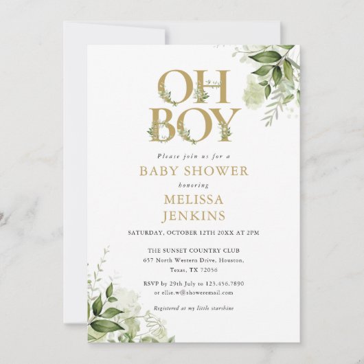 Oh Boy Botanical Greenery Gold Baby shower Kaart (Voorkant)