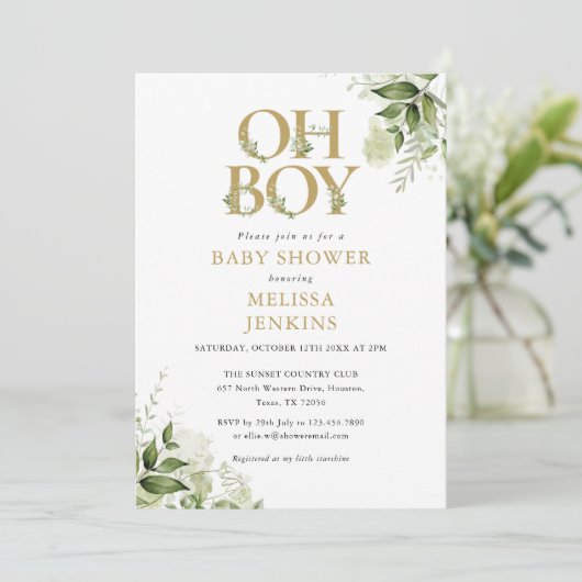 Oh Boy Botanical Greenery Gold Baby shower Kaart (Staand voorkant)