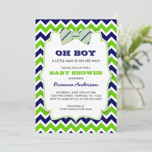 OH BOY Bow stropdas baby shower / marinegroen chev Kaart (Staand voorkant)