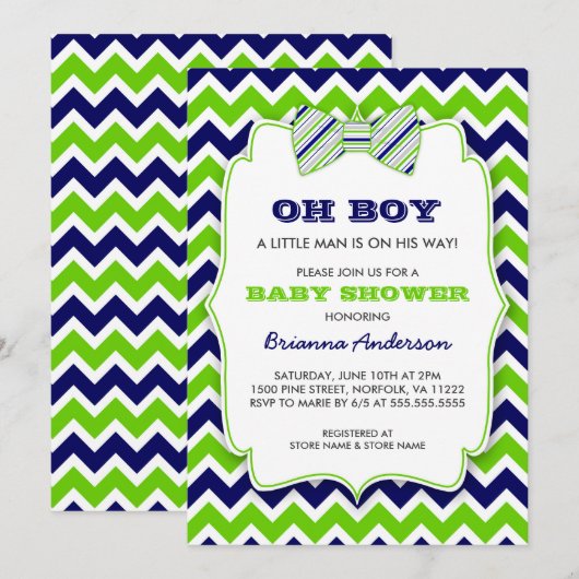OH BOY Bow stropdas baby shower / marinegroen chev Kaart (Voorkant / Achterkant)