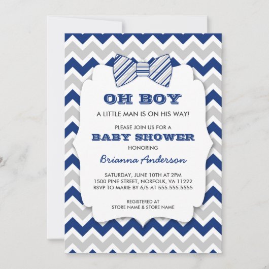 OH BOY Bow stropdas baby shower/marjoy grijs chevr Kaart (Voorkant)