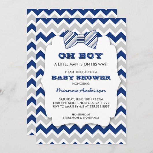 OH BOY Bow stropdas baby shower/marjoy grijs chevr Kaart (Voorkant / Achterkant)