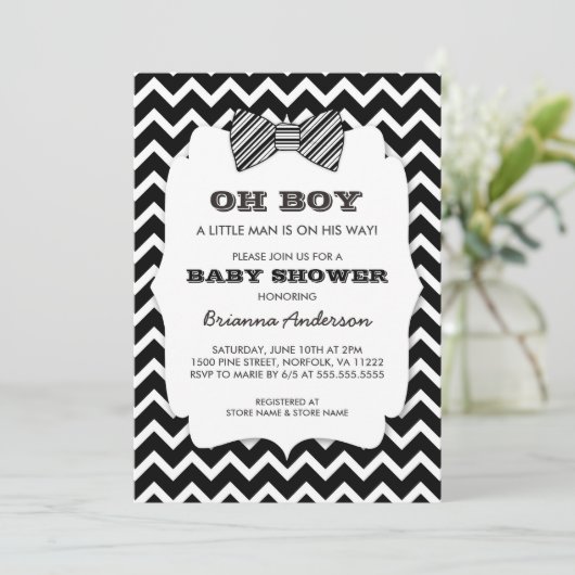 OH BOY Bow stropdas baby shower / zwart wit chevro Kaart (Staand voorkant)