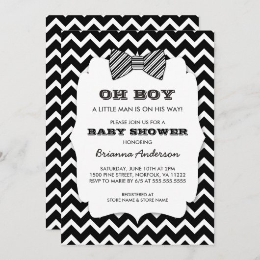 OH BOY Bow stropdas baby shower / zwart wit chevro Kaart (Voorkant / Achterkant)