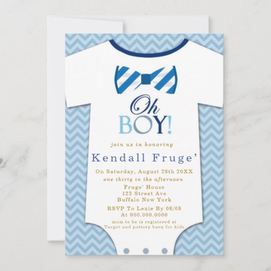 Oh Boy Bow Stropdas Bodysuit Baby Shower Invitatio (Voorkant)