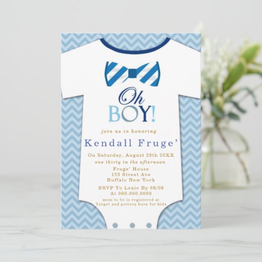 Oh Boy Bow Stropdas Bodysuit Baby Shower Invitatio (Staand voorkant)